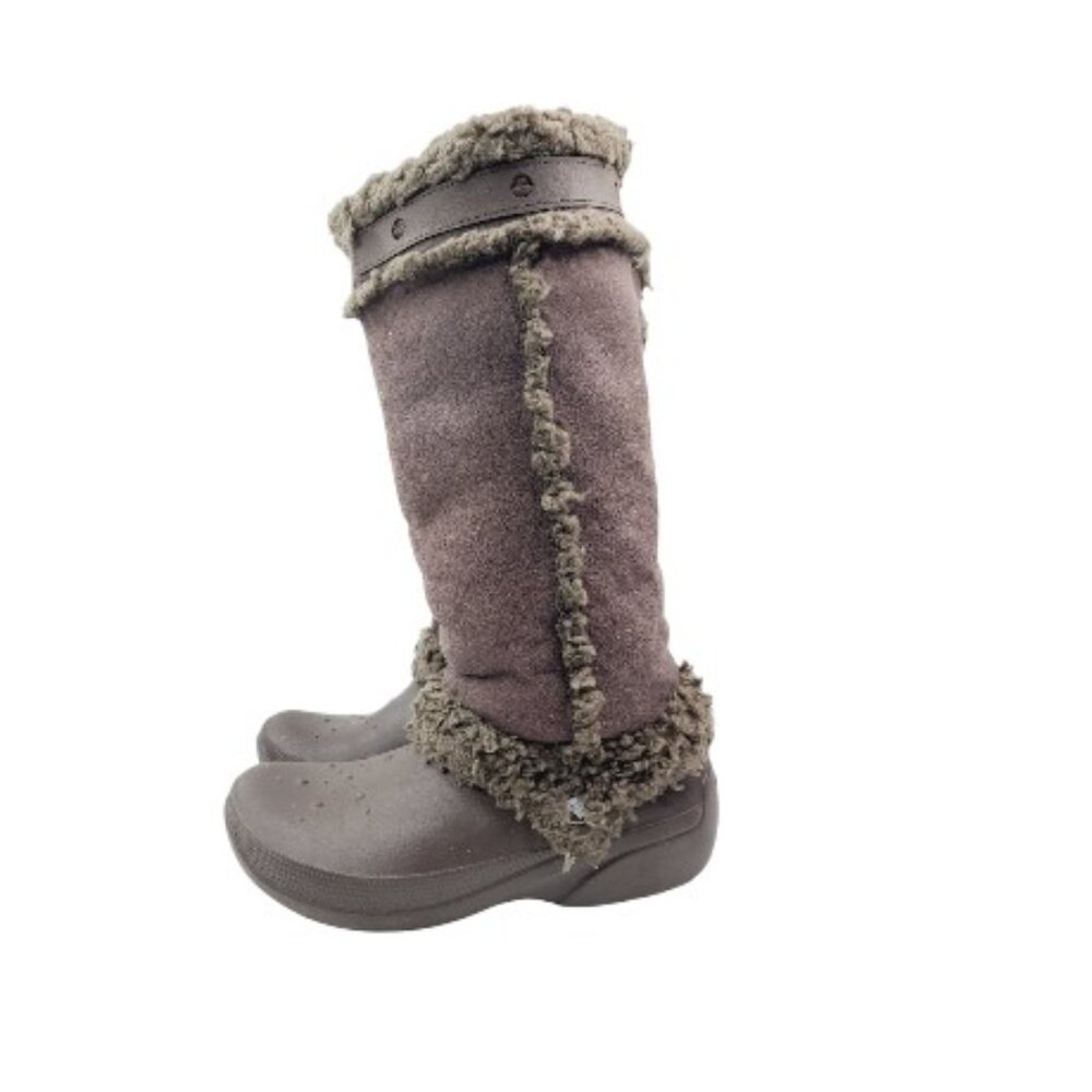 Crocs‎ Women's Brown Nadia Leather Fur Mid-Calf Winter Snow Boots Size 8